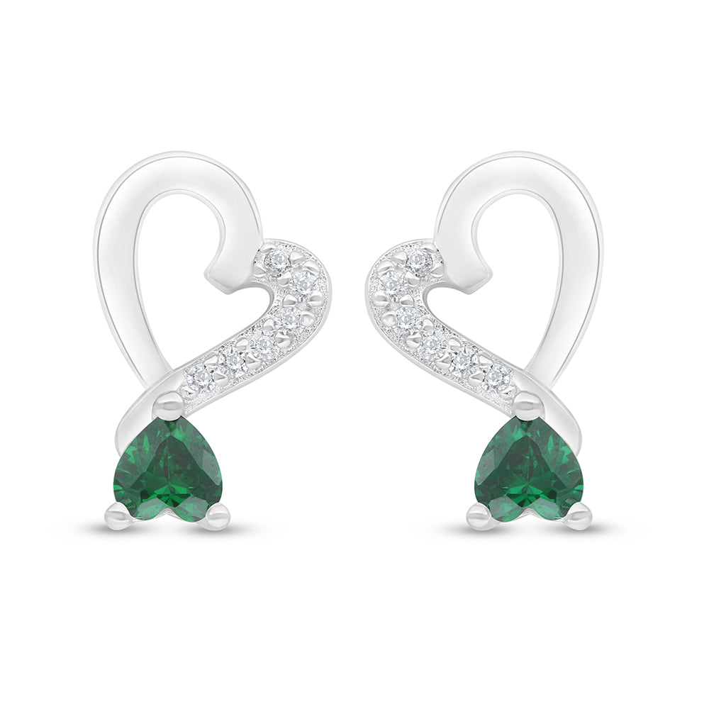 Sterling Silver 925 Earring Rhodium Plated Embedded With Emerald Zircon And White Zircon