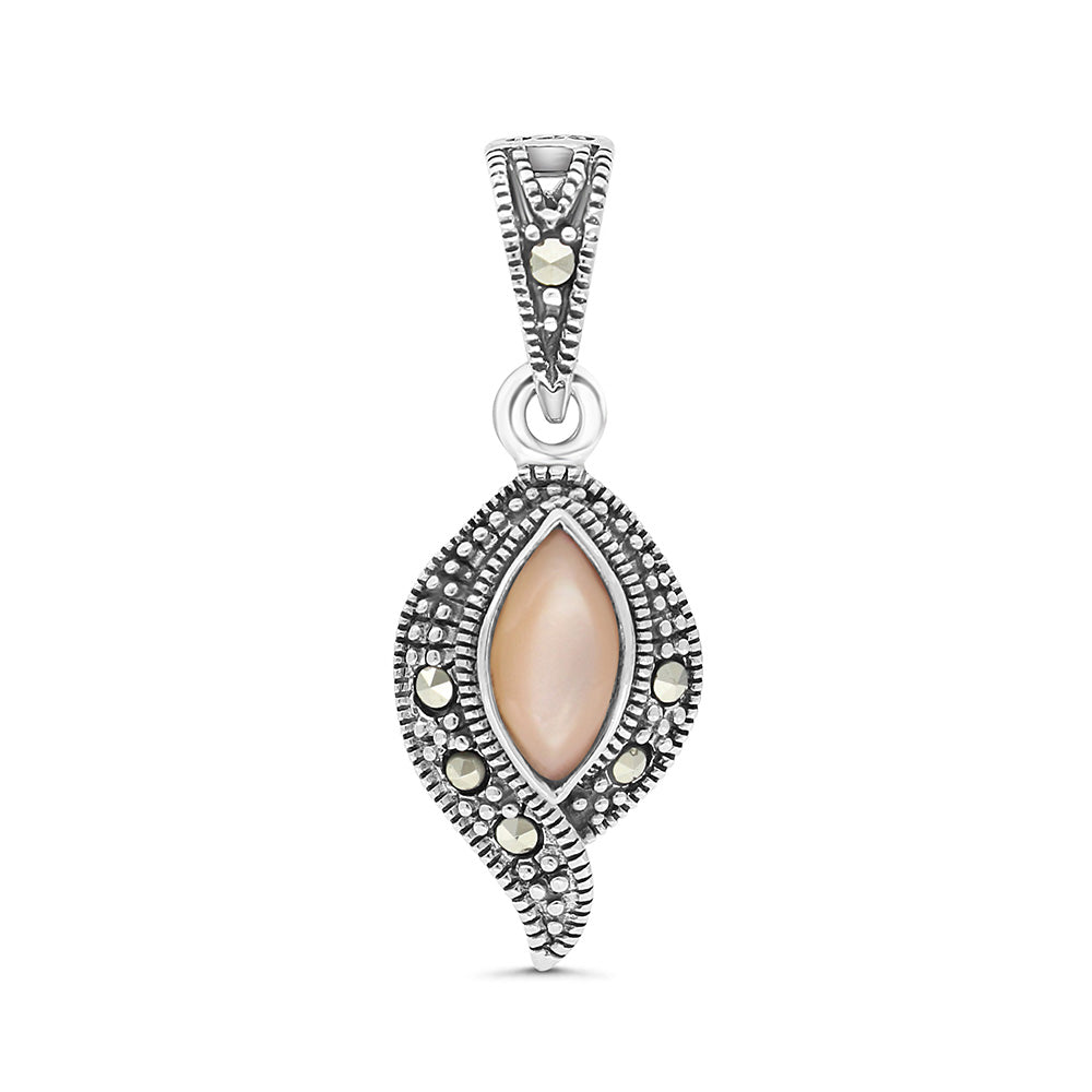 Sterling Silver 925 Pendant Embedded With Natural Pink Shell And Marcasite Stones