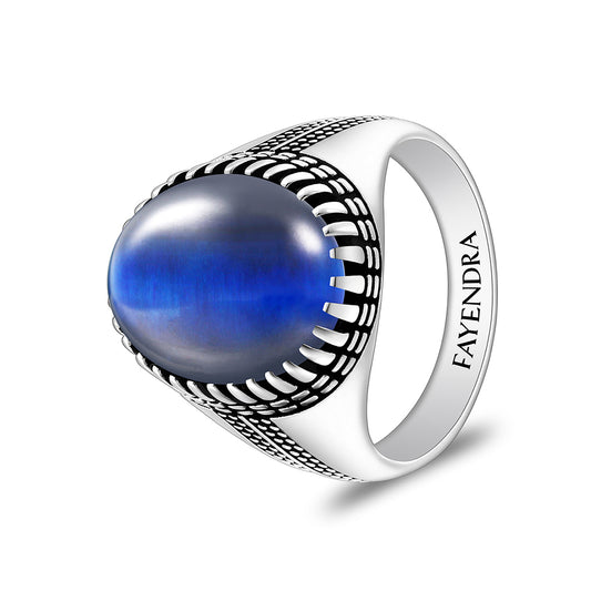 خاتم رجالي من الفضة الخالصة عيار 925 مطلي روديوم و اسود مرصع عين النمر ازرق كابشون