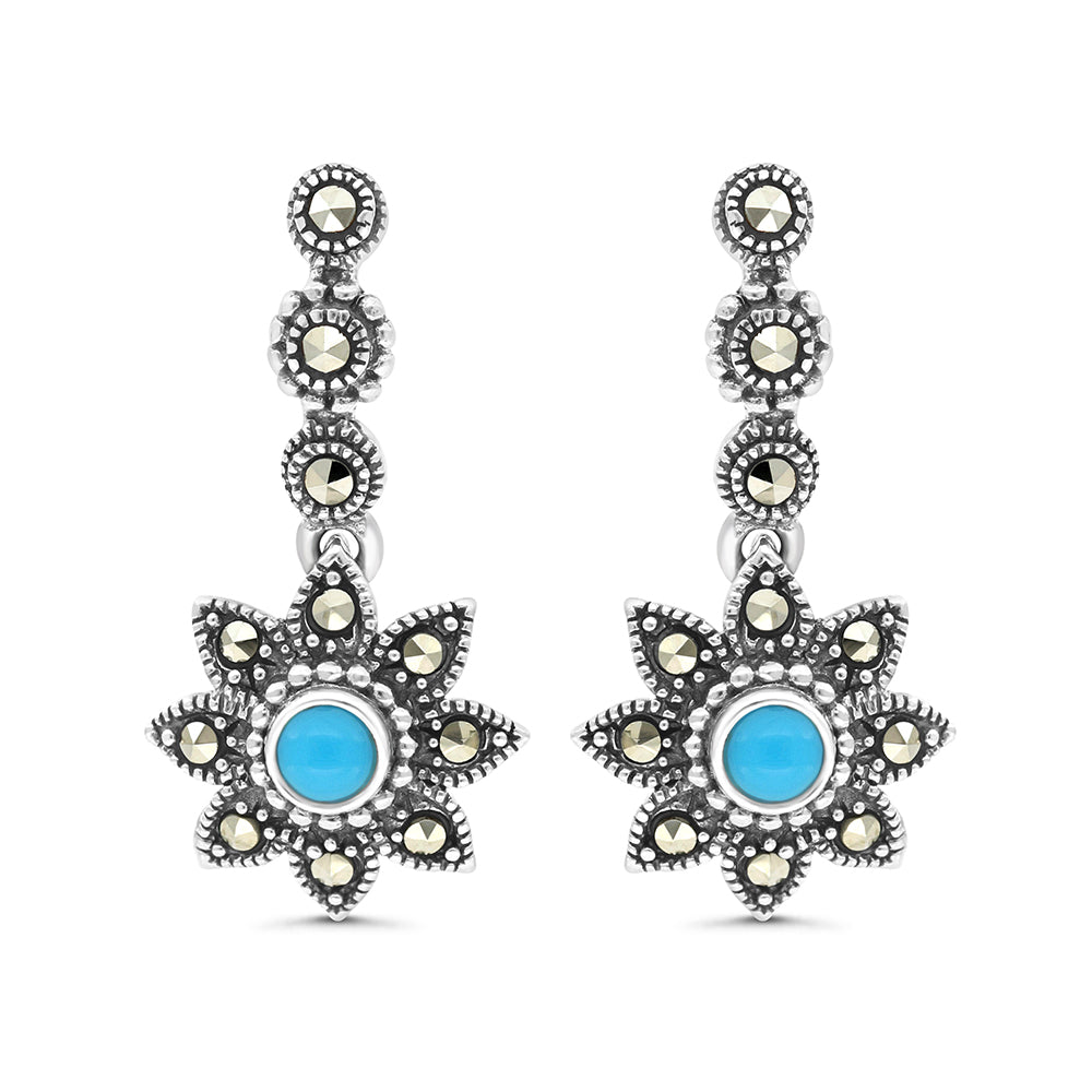Sterling Silver 925 Earring Embedded With Natural Processed Turquoise And Marcasite Stones