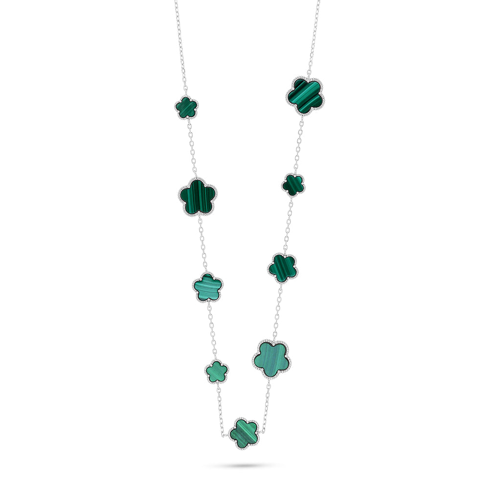 Sterling Silver 925 Necklace Rhodium Plated Embedded With Malachite Stones And White Zircon