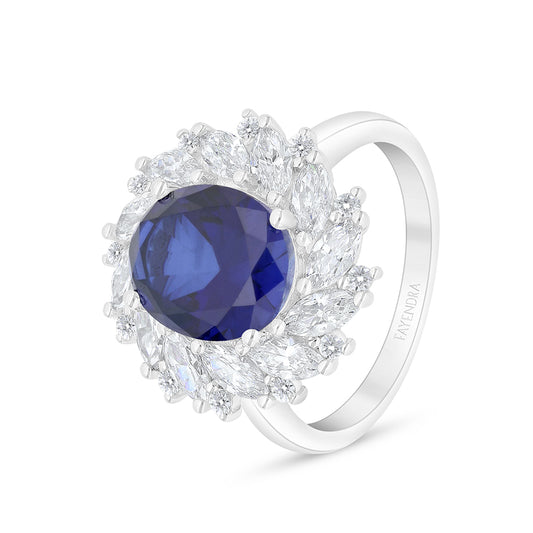 Sterling Silver 925 Ring Rhodium Plated Embedded With Sapphire Corundum And White Zircon