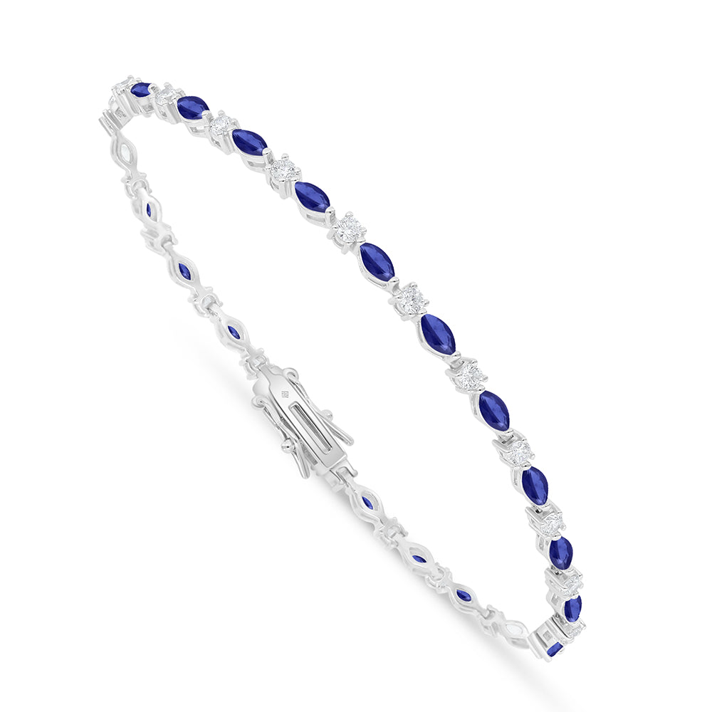 Sterling Silver 925 Bracelet Rhodium Plated Embedded With Sapphire Corundum And White Zircon