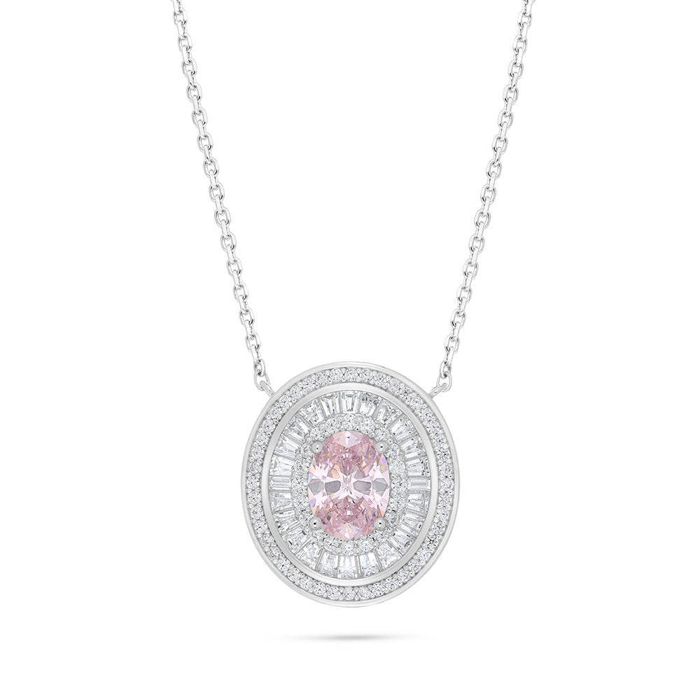 Sterling Silver 925 Necklace Rhodium Plated Embedded With Pink Zircon And White Zircon