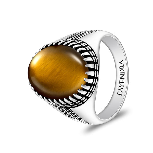 خاتم رجالي من الفضة الخالصة عيار 925 مطلي روديوم و اسود مرصع عين النمر اصفر كابشون