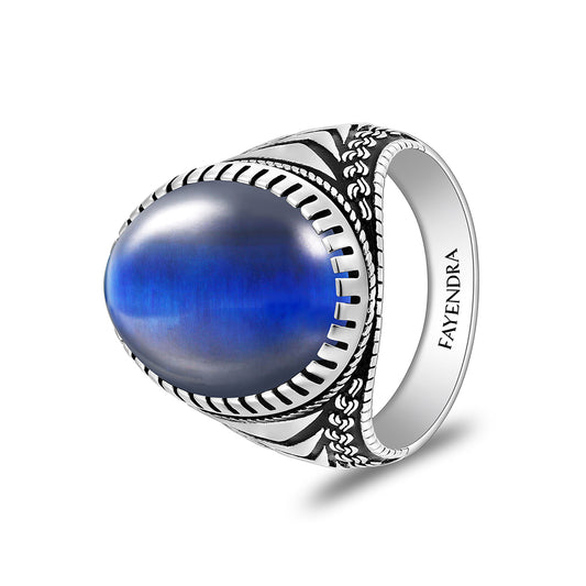 Sterling Silver 925 Ring Rhodium And Black Plated Embedded With Blue Tiger Eye Cabochon For Men