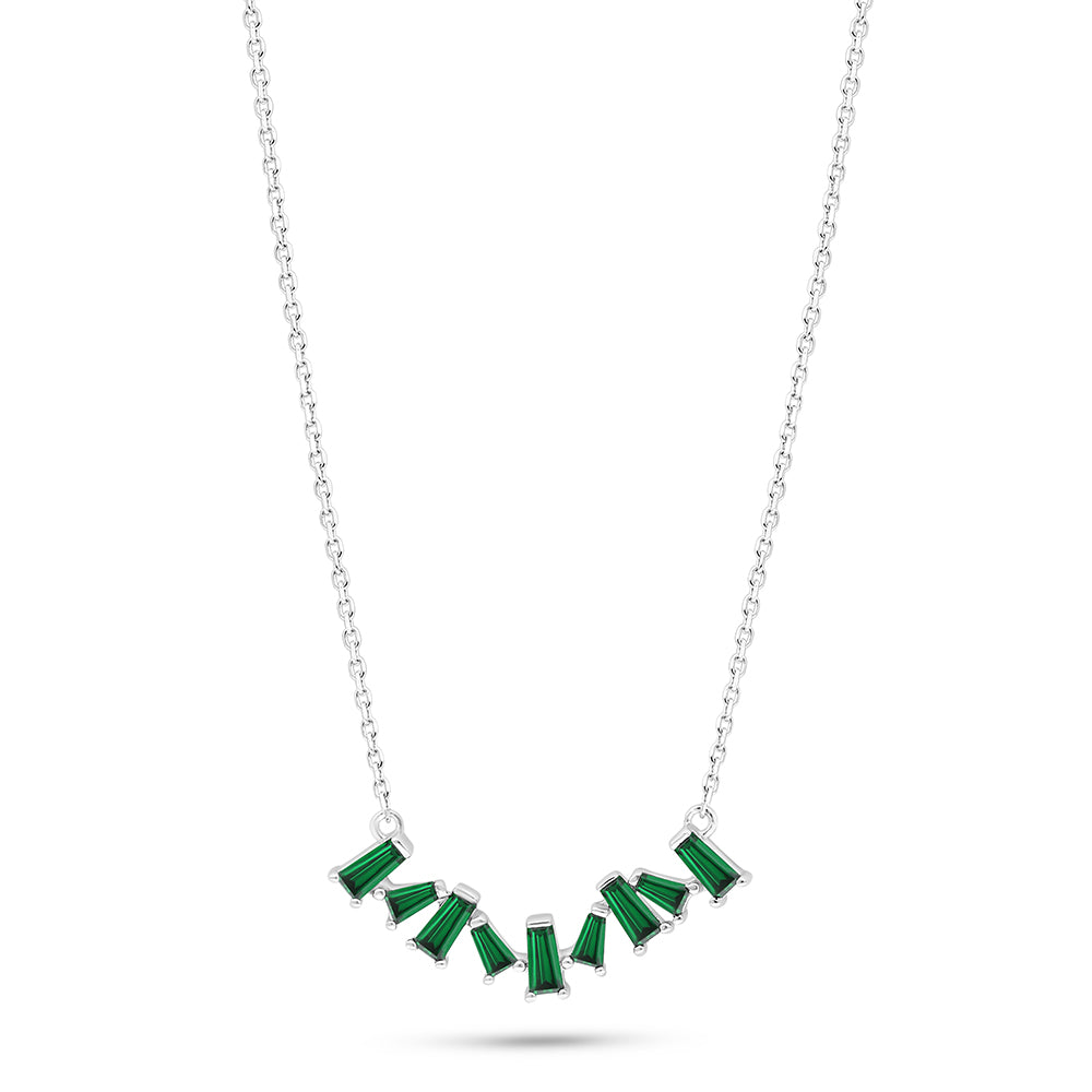 Sterling Silver 925 Necklace Rhodium Plated Embedded With Emerald Zircon