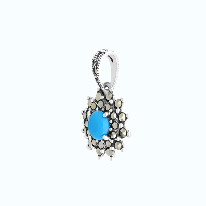 Sterling Silver 925 Pendant Embedded With Natural Processed Turquoise And Marcasite Stones