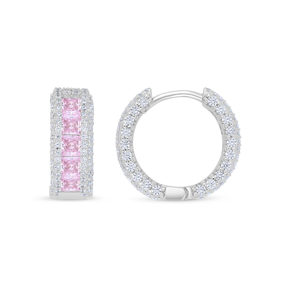 Sterling Silver 925 Earring Rhodium Plated Embedded With Pink Zircon And White Zircon
