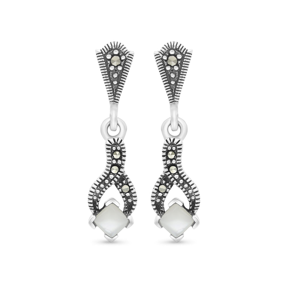 Sterling Silver 925 Earring Embedded With Natural White Shell And Marcasite Stones