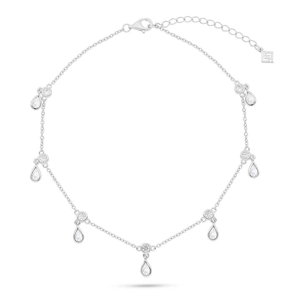 Sterling Silver 925 Anklet Rhodium Plated Embedded With White Zircon