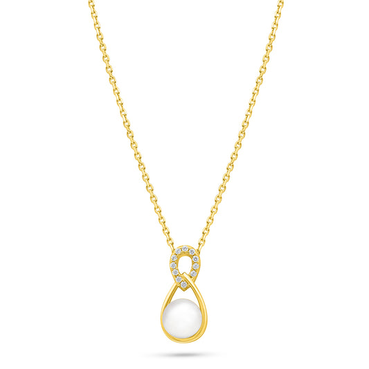 Sterling Silver 925 Necklace Golden Plated Embedded With Natural White Pearl And White Zircon