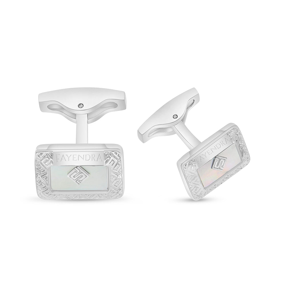 Stainless Steel Cufflink 316L Embedded With White Shell Shiny Steel