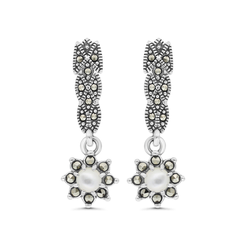 اقراط من الفضة الخالصة عيار 925 مرصعه احجار صدف ابيض طبيعي و ماركسايت