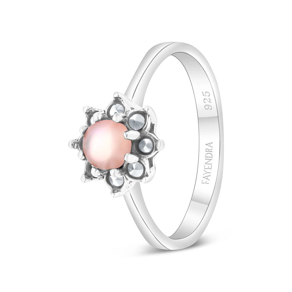 Sterling Silver 925 Set Embedded With Natural Pink Shell And Marcasite Stones
