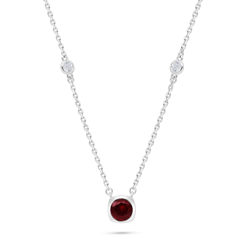 Sterling Silver 925 Necklace Rhodium Plated Embedded With Ruby Corundum And White Zircon