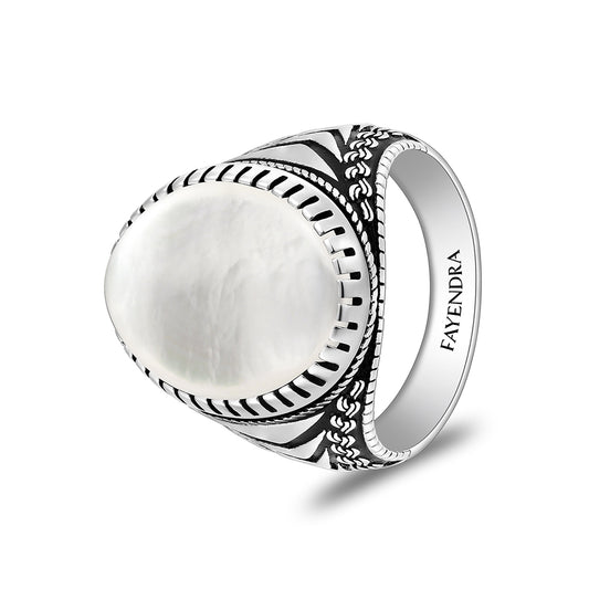 Sterling Silver 925 Ring Rhodium And Black Plated Embedded With White Shell Cabochon For Men