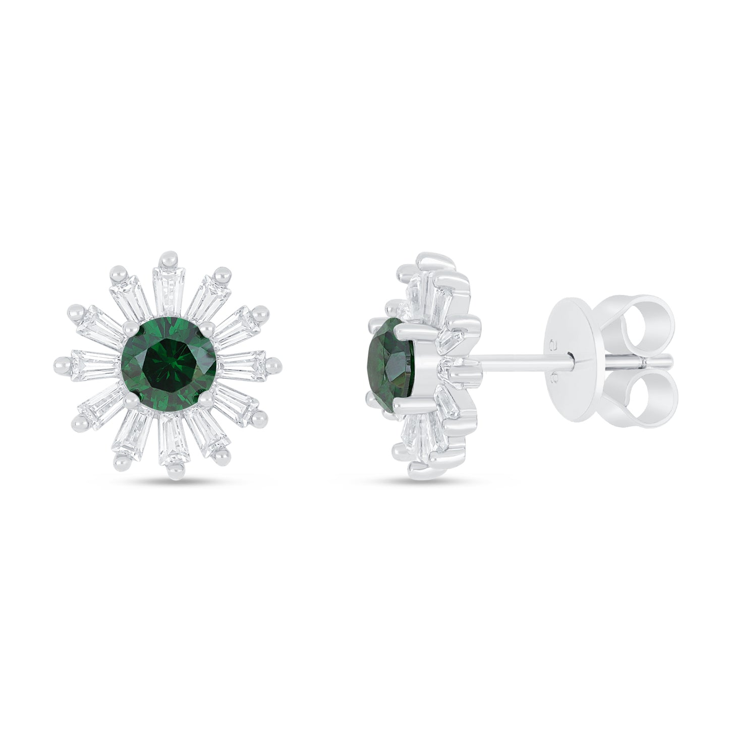 Sterling Silver 925 Earring Rhodium Plated Embedded With Emerald Zircon And White Zircon