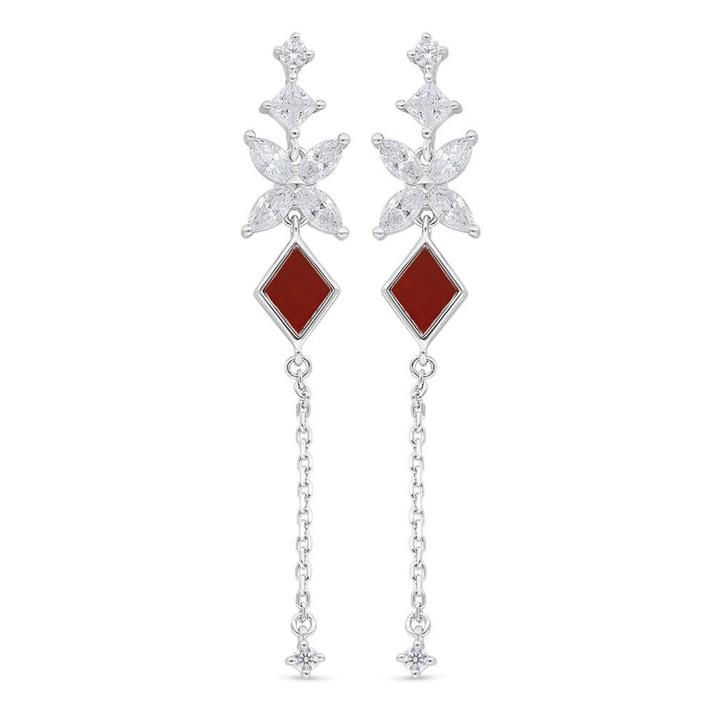 Sterling Silver 925 Earring Rhodium Plated Embedded With RED Agate And White Zircon