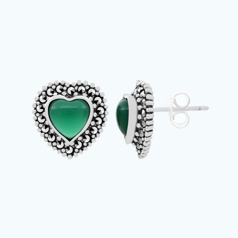 Sterling Silver 925 Earring Embedded With Natural Green Agate And Marcasite Stones