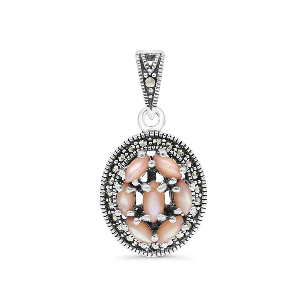 Sterling Silver 925 Pendant Embedded With Natural Pink Shell And Marcasite Stones