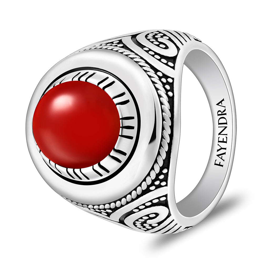 خاتم رجالي من الفضة الخالصة عيار 925 مطلي روديوم و اسود مرصع احجارعقيق احمر كابشون