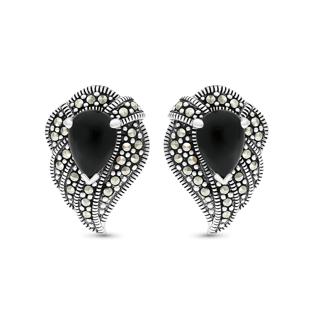 Sterling Silver 925 Earring Embedded With Natural Black Agate And Marcasite Stones
