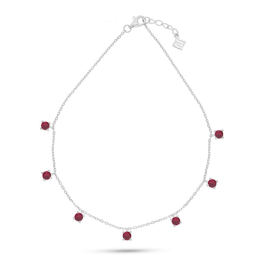 Sterling Silver 925 Anklet Rhodium Plated Embedded With Ruby Corundum