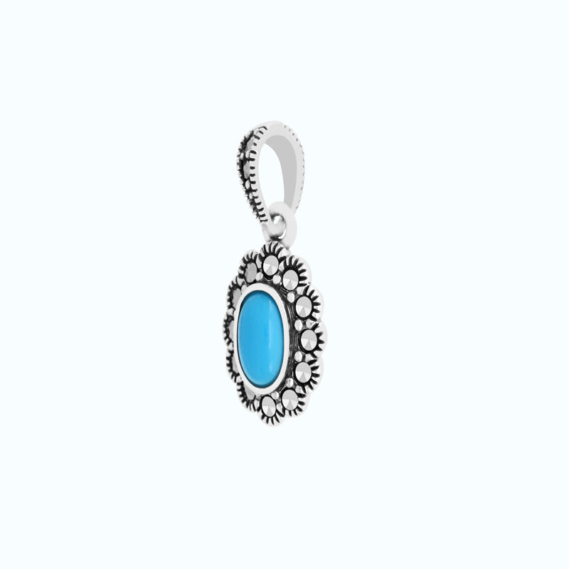 Sterling Silver 925 Pendant Embedded With Natural Processed Turquoise And Marcasite Stones