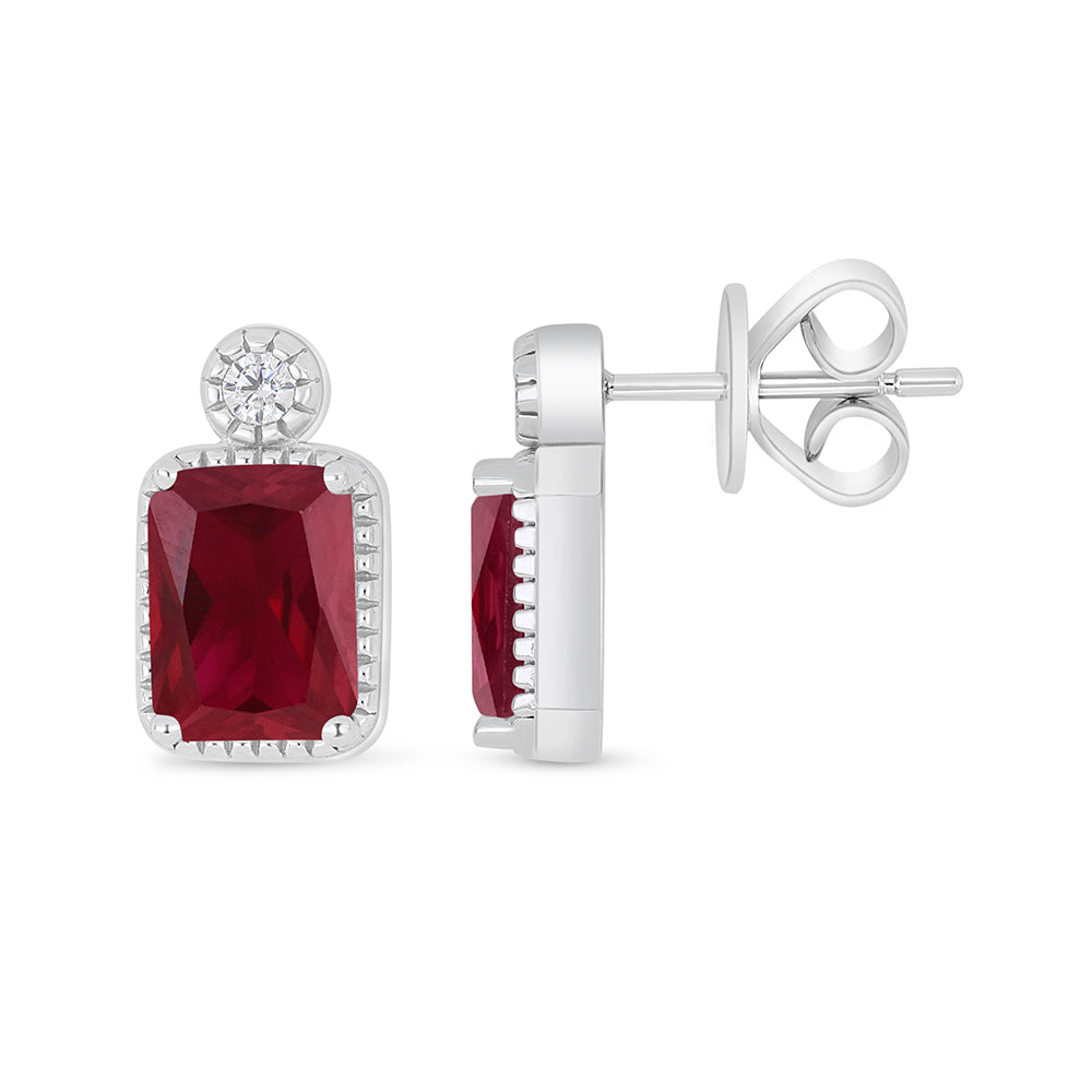 Sterling Silver 925 Earring Rhodium Plated Embedded With Ruby Corundum And White Zircon