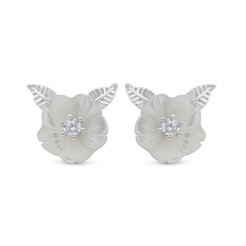 Sterling Silver 925 Earring Rhodium Plated Embedded With White Shell And White Zircon