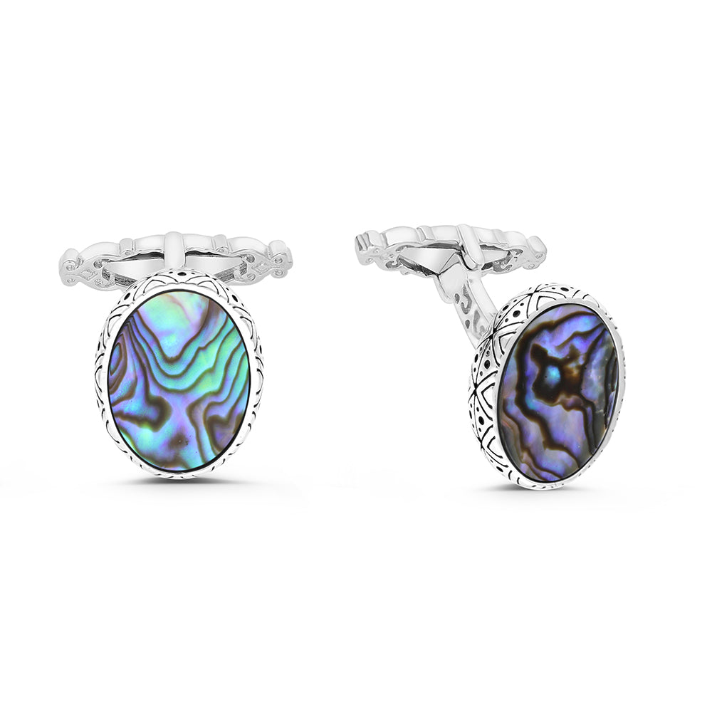 Sterling Silver 925 Cufflink Rhodium And Black Plated Embedded With Blue Shell