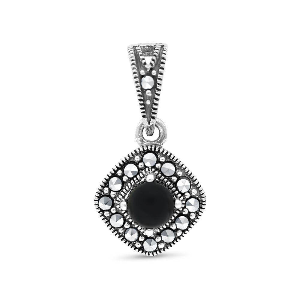 Sterling Silver 925 Pendant Embedded With Natural Black Agate And Marcasite Stones