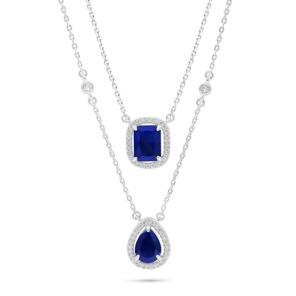 Sterling Silver 925 Necklace Rhodium Plated Embedded With Sapphire Corundum And White Zircon