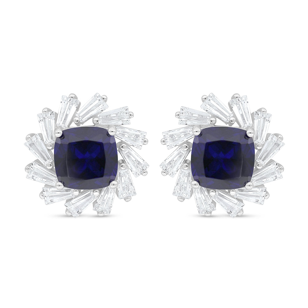 Sterling Silver 925 Earring Rhodium Plated Embedded With Sapphire Corundum And White Zircon