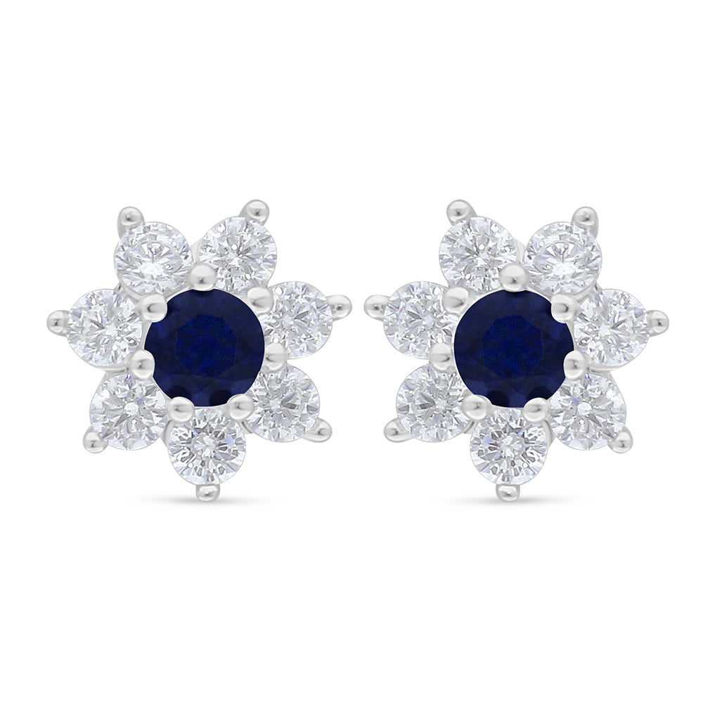Sterling Silver 925 Earring Rhodium Plated Embedded With Sapphire Corundum And White Zircon