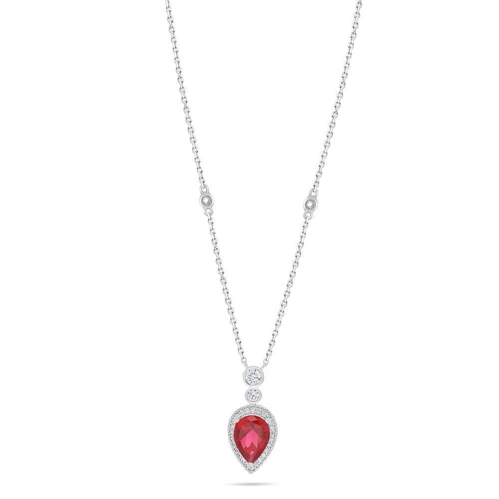 Sterling Silver 925 Necklace Rhodium Plated Embedded With Ruby Corundum And White Zircon