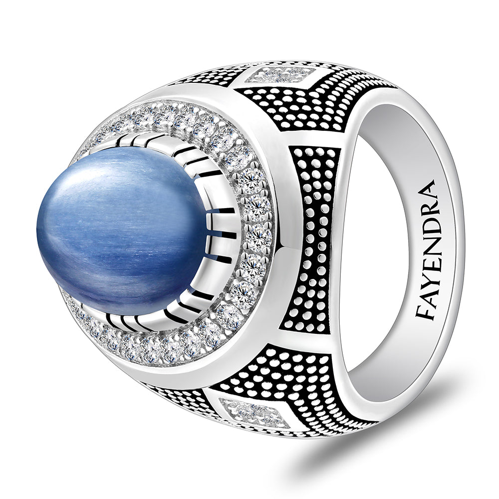 خاتم رجالي من الفضة الخالصة عيار 925 مطلي روديوم و اسود مرصع احجار كيانيت طبيعي كابشون و فص ابيض