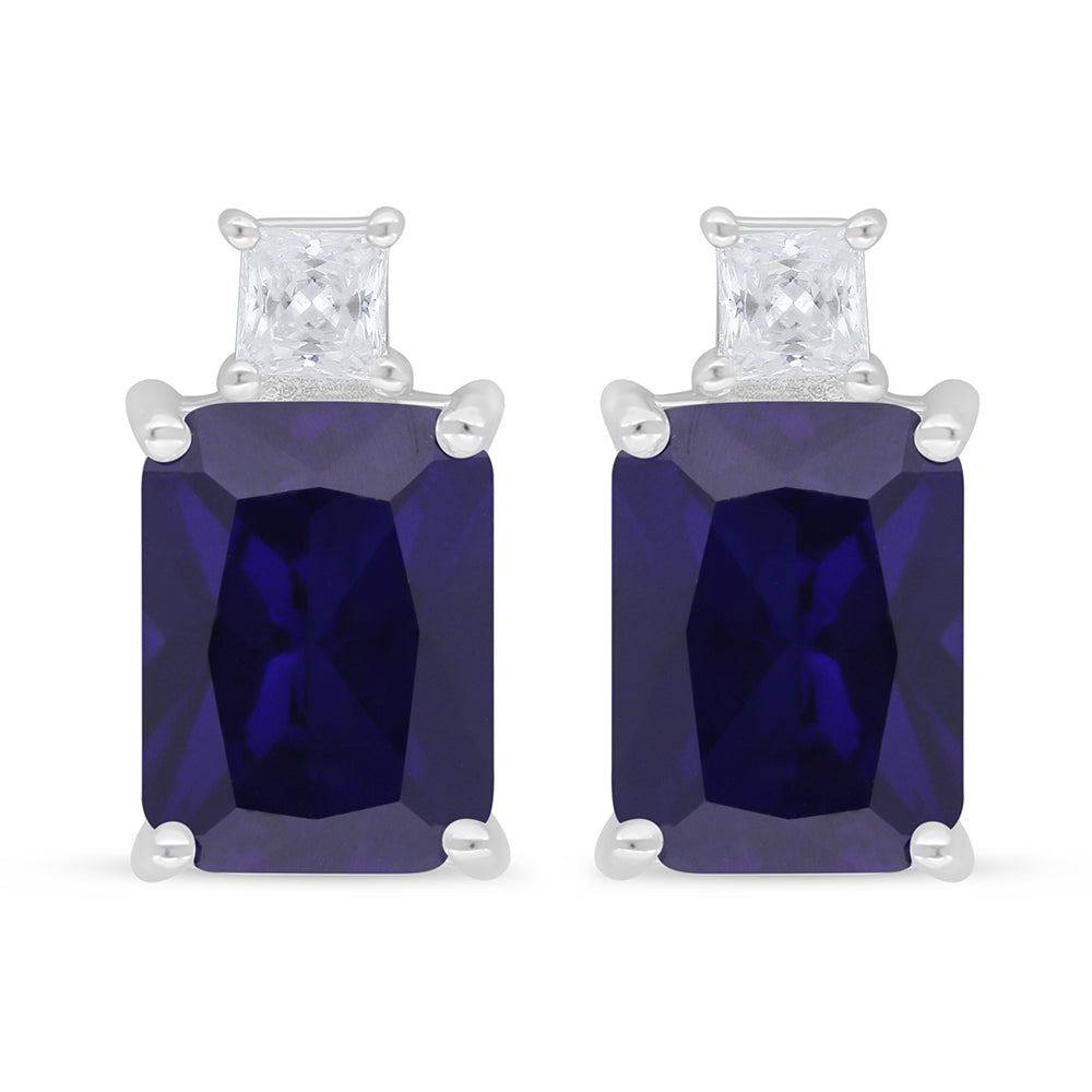 Sterling Silver 925 Earring Rhodium Plated Embedded With Sapphire Corundum And White Zircon