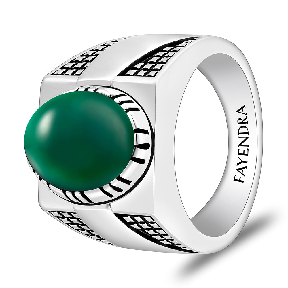 Sterling Silver 925 Ring Rhodium And Black Plated Embedded With Green Agate Cabochon For Men
