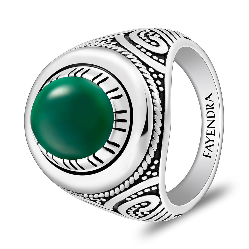 خاتم رجالي من الفضة الخالصة عيار 925 مطلي روديوم و اسود مرصع احجار عقيق جاد اخضر كابشون