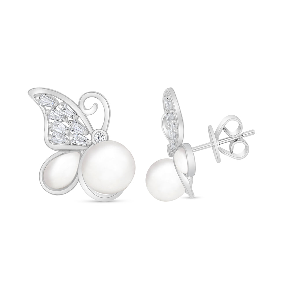 اقراط من الفضة الخالصة عيار 925 مطلية روديوم مرصعة لولو ابيض طبيعي و صدف ابيض وفص ابيض