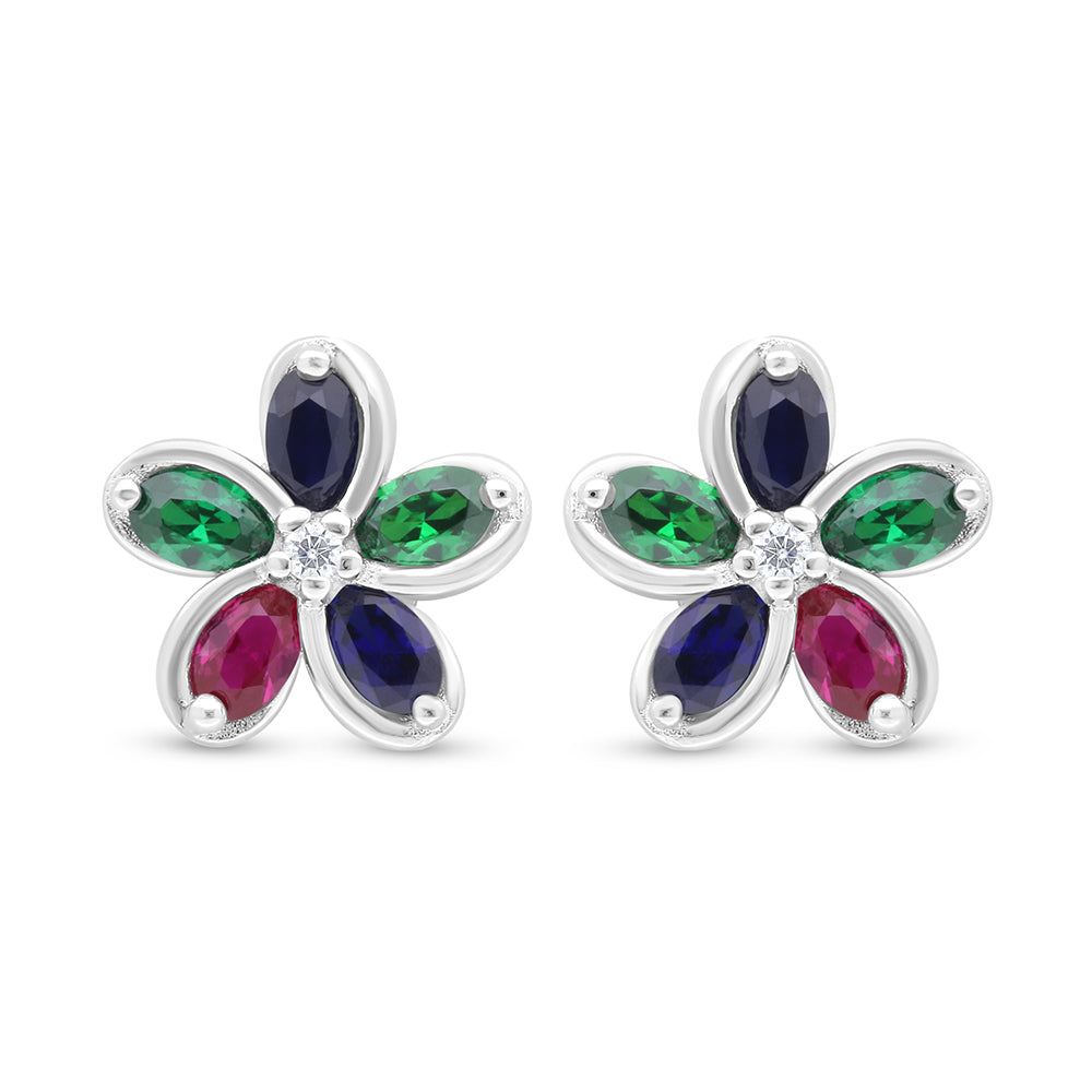 Sterling Silver 925 Earring Rhodium Plated Embedded With Sapphire Corundum And Ruby Corundum And Emerald Zircon And White Zircon