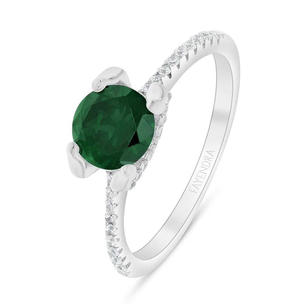 Sterling Silver 925 Ring Rhodium Plated Embedded With Emerald Zircon And White CZ