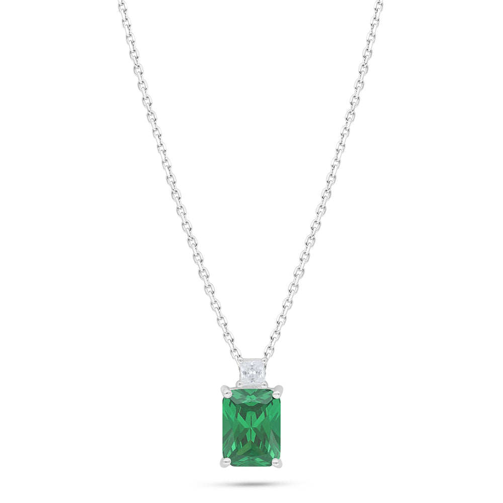 Sterling Silver 925 Necklace Rhodium Plated Embedded With Emerald Zircon And White Zircon
