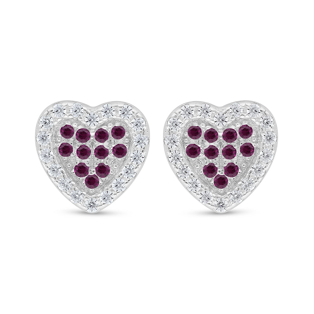Sterling Silver 925 Earring Rhodium Plated Embedded With Ruby Corundum And White Zircon