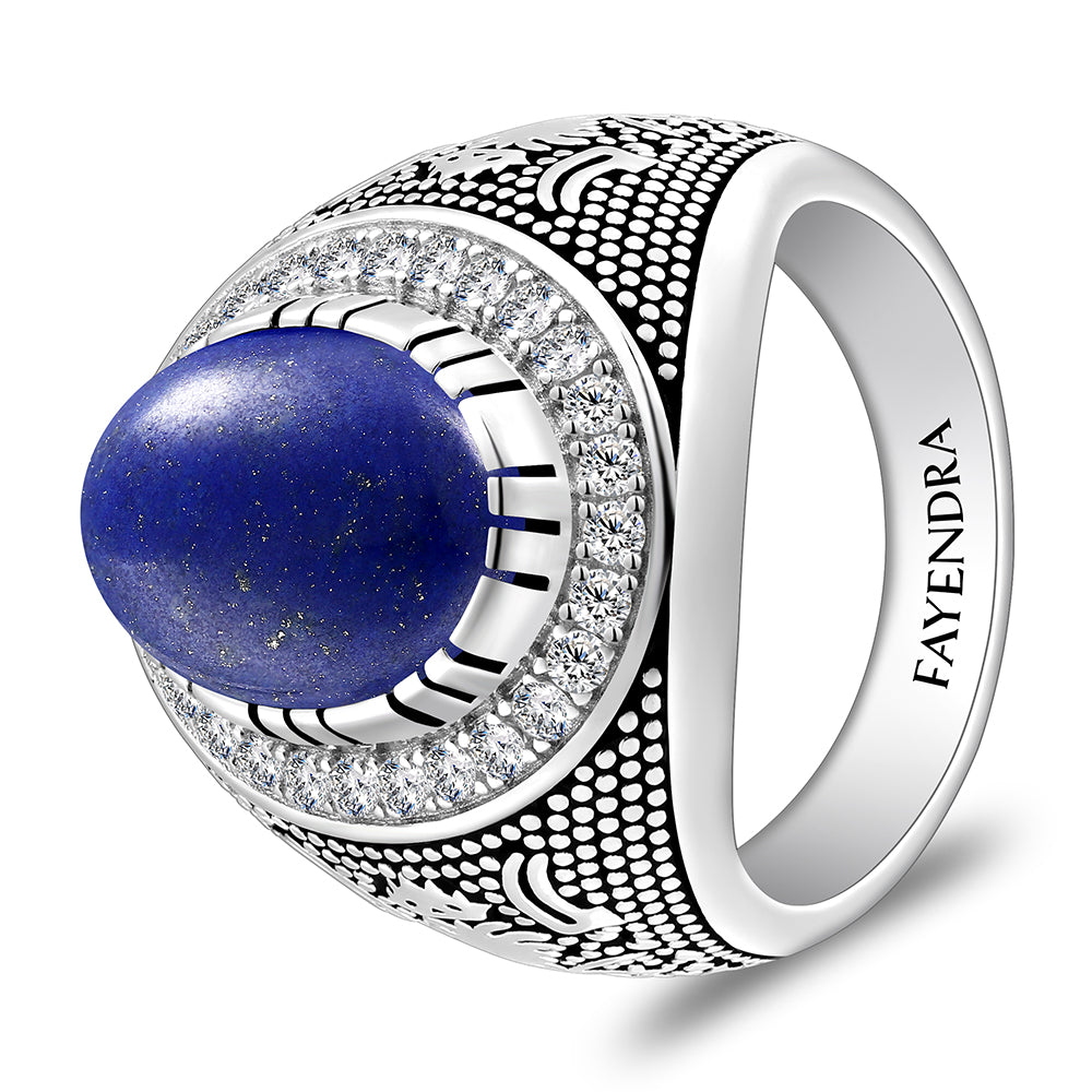 خاتم رجالي من الفضة الخالصة عيار925 مطلي روديوم و اسود مرصع حجر لابيس كابشون و فص ابيض