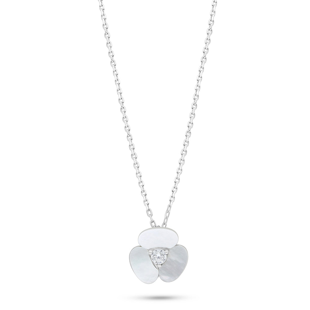 Sterling Silver 925 Necklace Rhodium Plated Embedded With White Shell And White Zircon