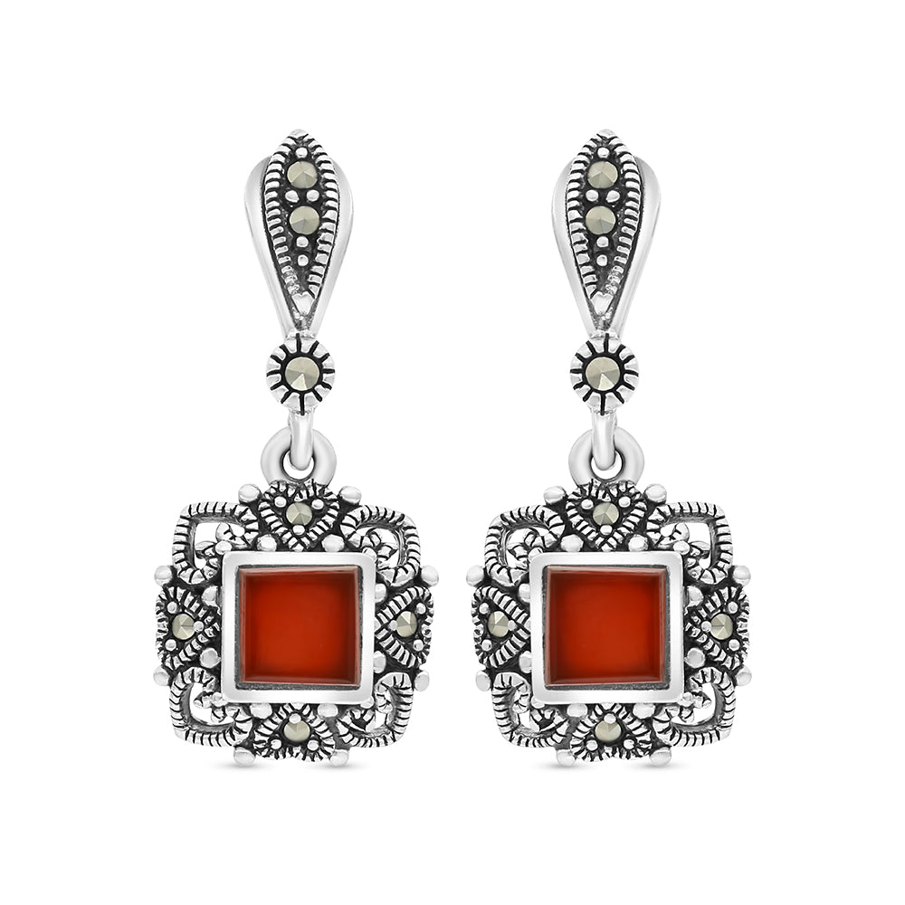 اقراط من الفضة الخالصة عيار 925 مرصعه احجار عقيق طبيعي و ماركسايت