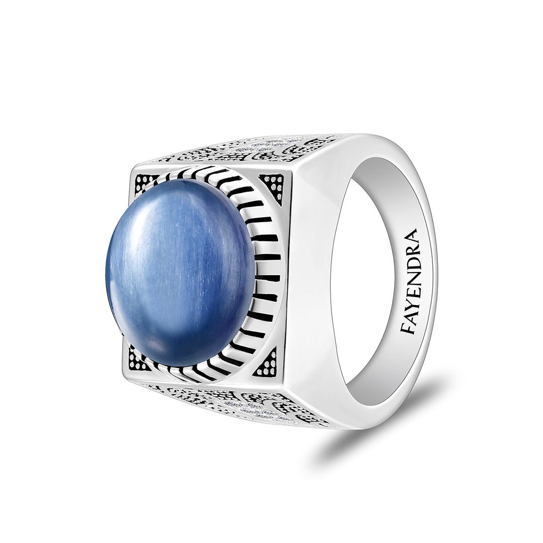 Sterling Silver 925 Ring Rhodium And Black Plated Embedded With Natural Kyanite Cabochon And White Zircon For Men
